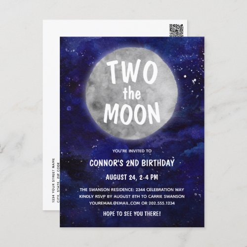 Two the Moon Navy Blue Boy 2nd Birthday Party Postcard