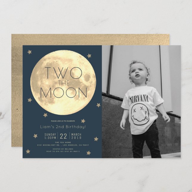 Two the Moon Navy Blue Boy Photo 2nd Birthday Invitation (Front/Back)