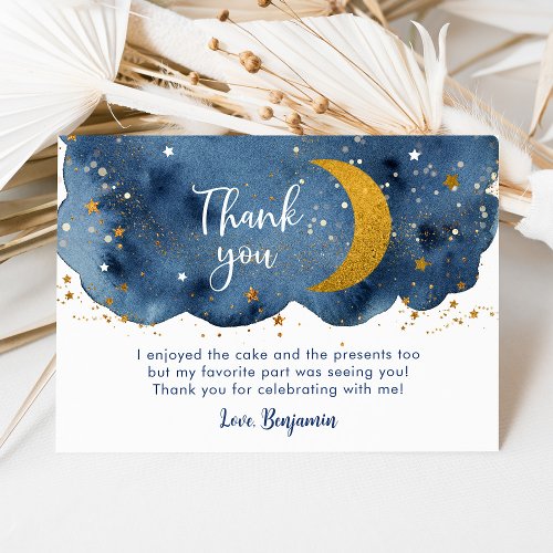 Two the Moon Navy Gold Galaxy Birthday Thank You Card