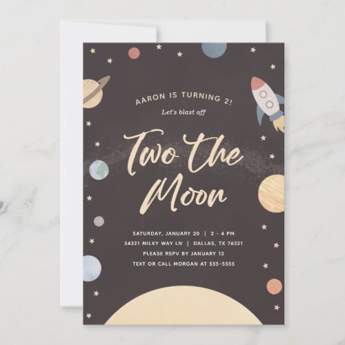 Two the Moon Outer Space 2nd Birthday Party Invitation