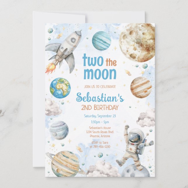 Two The Moon Outer Space Astronaut 2nd Birthday Invitation (Front)