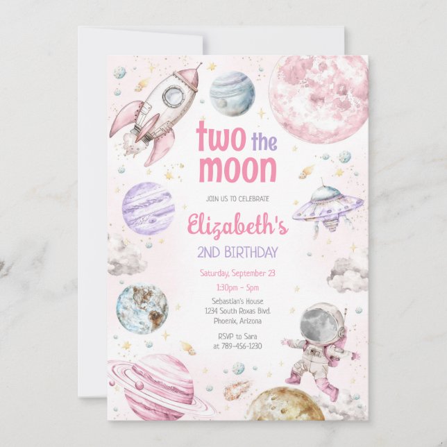 Two The Moon Outer Space Astronaut 2nd Birthday Invitation (Front)