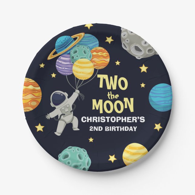 Two the moon Outer Space Blue 2nd Birthday Paper Plates (Front)