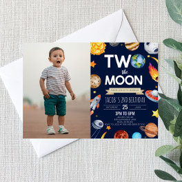 Two The Moon Outer Space Blue 2nd Birthday Party Invitation