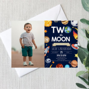 Two The Moon Outer Space Blue 2nd Birthday Party Invitation