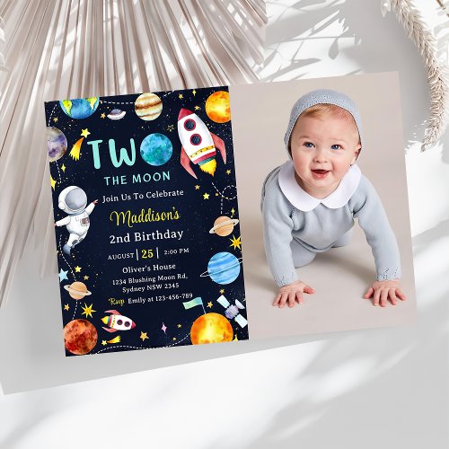 Two The Moon Outer Space Blue 2nd Birthday Party  Invitation