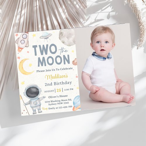 Two The Moon Outer Space Blue 2nd Birthday Party Invitation