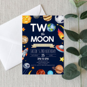 Two The Moon Outer Space Blue 2nd Birthday Party Invitation