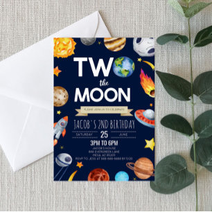 Two The Moon Outer Space Blue 2nd Birthday Party Invitation