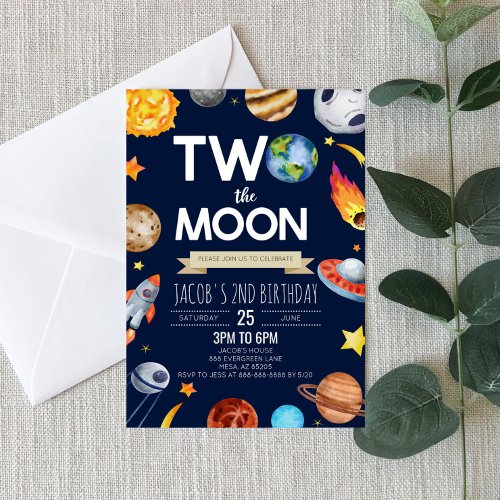 Two The Moon Outer Space Blue 2nd Birthday Party Invitation