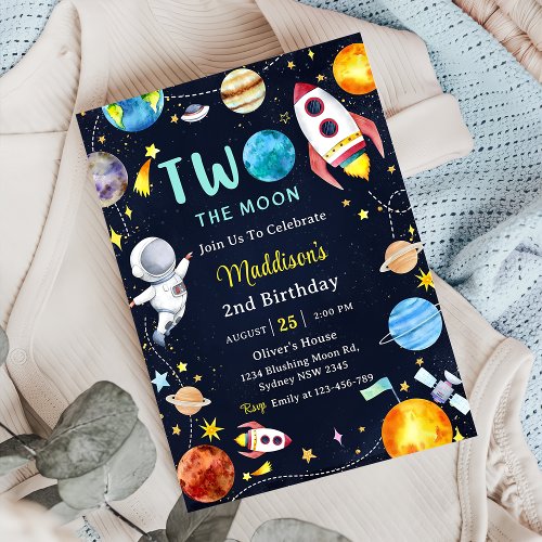 Two The Moon Outer Space Blue 2nd Birthday Party  Invitation