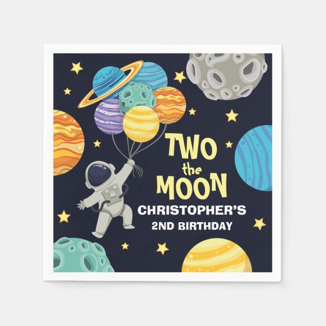 Two the moon Outer Space Blue 2nd Birthday Party Napkins (Front)