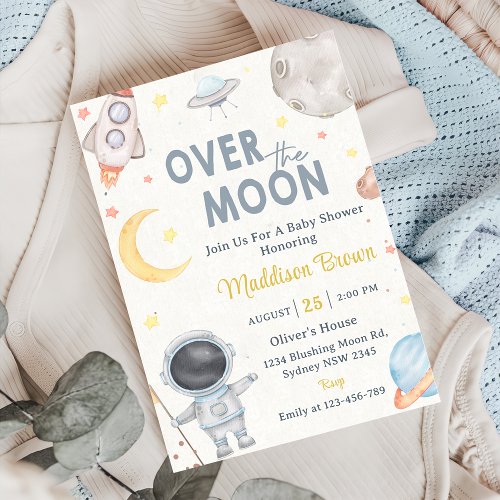 Two The Moon Outer Space Blue Baby Shower  Party Invitation