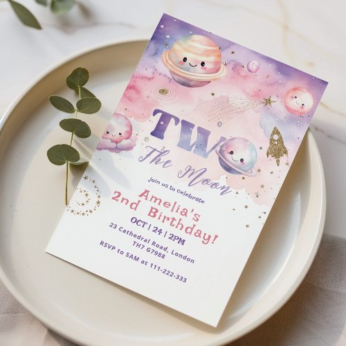 Two the Moon Outer space pink girl 2nd Birthday Invitation