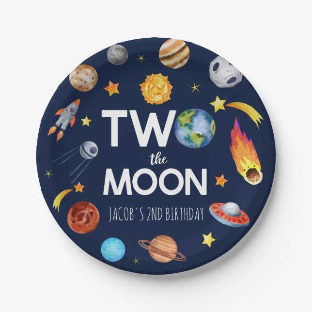 Two The Moon Outer Space Planet Birthday Party Paper Plates (Front)