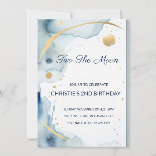 Two The Moon Pale Blue 2nd Birthday Invitation