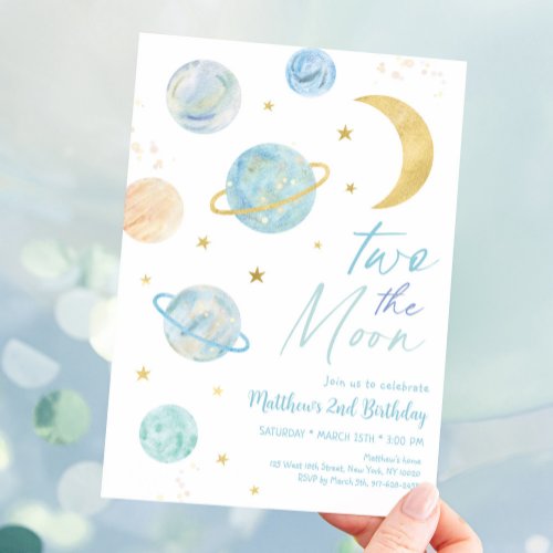Two The Moon Pastel Blue Gold Birthday Invitation