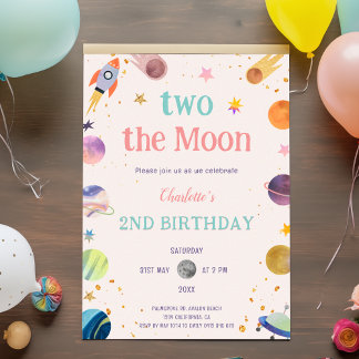 Two the Moon Pastel Outerspace Space 2nd Birthday Invitation