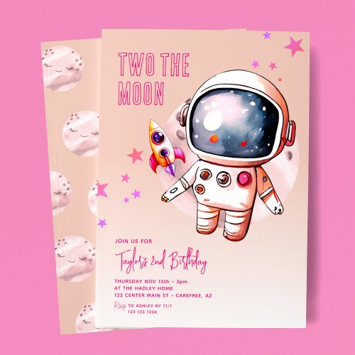 Two The Moon Peach Pink 2nd Birthday Invitation