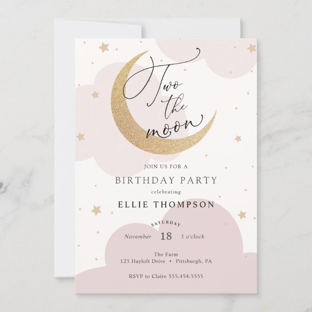 Two the Moon Pink Birthday Invitation (Front)