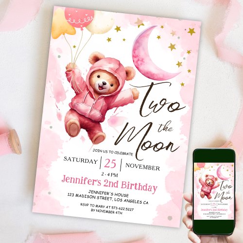 TWO the Moon  Pink Girl 2nd Birthday  Invitation