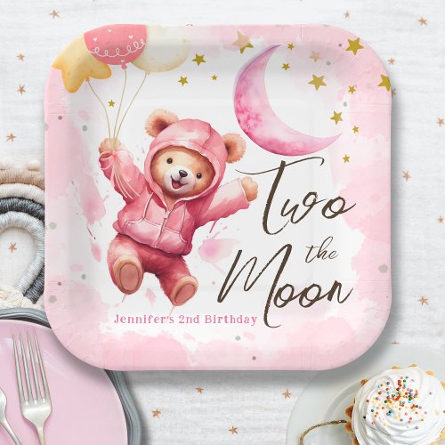 TWO the Moon  Pink Girl 2nd Birthday Invitation Paper Plates