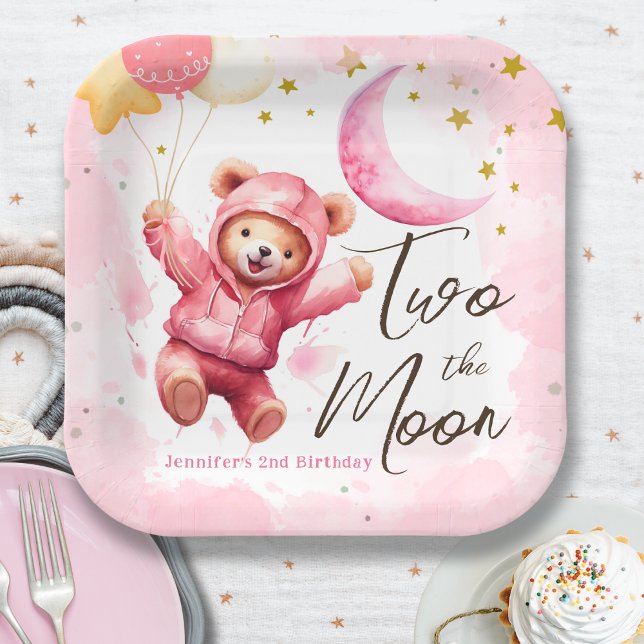 TWO the Moon | Pink Girl 2nd Birthday Invitation Paper Plates (Creator Uploaded)