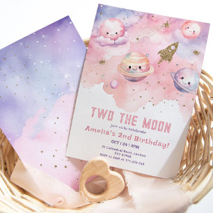Two the Moon Pink girl Planets and stars birthday Invitation