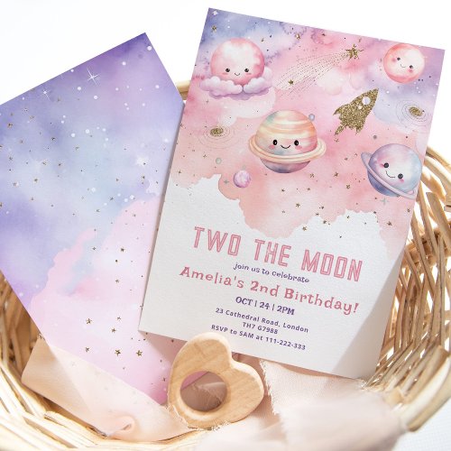 Two the Moon Pink girl Planets and stars birthday Invitation