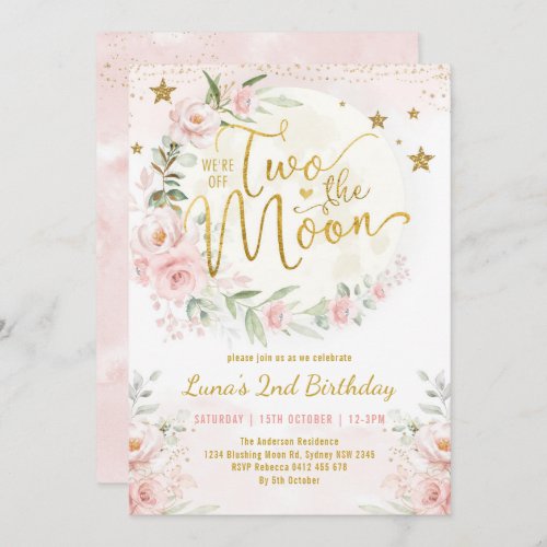 Two the Moon Pink Gold Floral 2nd Birthday Girl Invitation