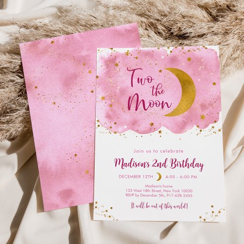 Two the Moon Pink Gold Galaxy Birthday Invitation