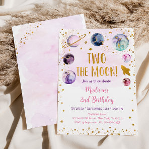 Two The Moon Pink Gold Girl Space Birthday Invitation