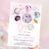 Two The Moon Pink Gold Outer Space Birthday Invitation