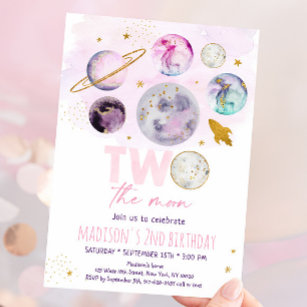 Two The Moon Pink Gold Outer Space Birthday Invitation