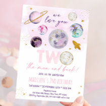 Two The Moon Pink Gold Space Birthday Invitation