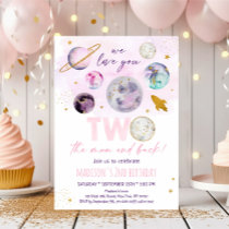 Two The Moon Pink Gold Space Birthday Invitation