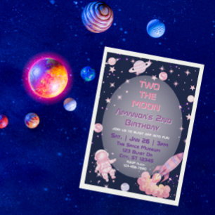 Two The Moon, Pink Purple Space 2nd Birthday  Invitation