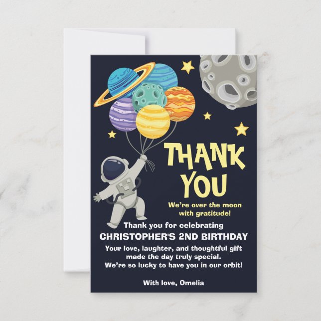 Two the moon Planets Astronaut Birthday party Thank You Card (Front)