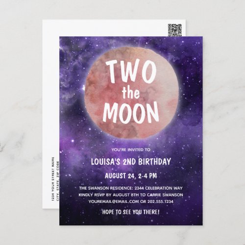 Two the Moon Purple Pink Girl 2nd Birthday Party Postcard