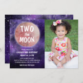 Two the Moon Purple Pink Girl 2nd Birthday Photo Invitation (Front/Back)