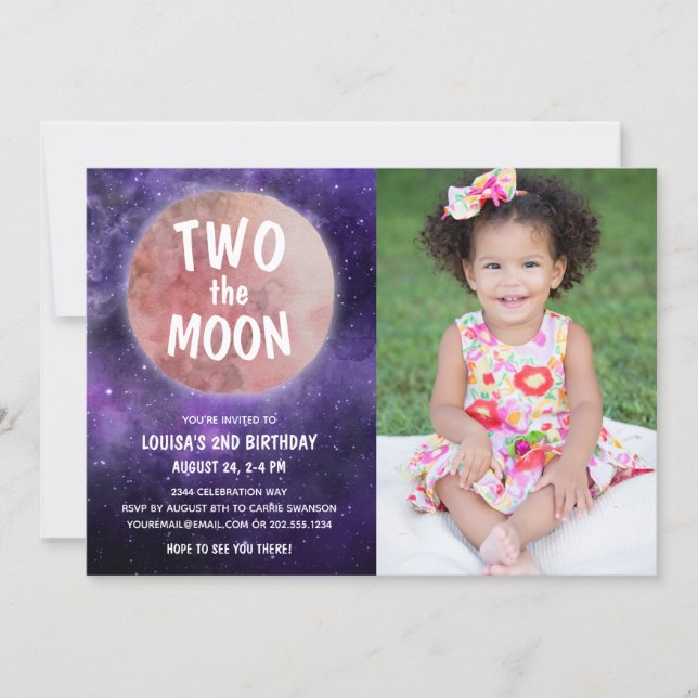 Two the Moon Purple Pink Girl 2nd Birthday Photo Invitation (Front)