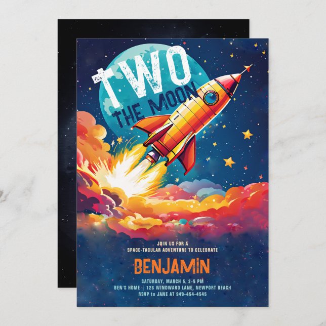 Two the Moon Rocket Planets Stars Boy 2nd Birthday Invitation (Front/Back)