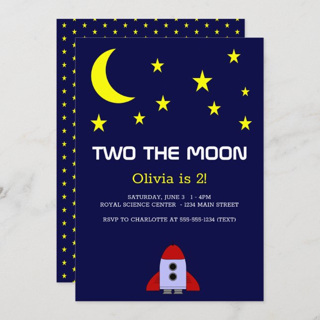 Two The Moon Rocket Ship 2nd Birthday Invitation (Front/Back)