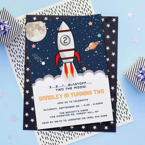 Two the Moon Rocket Ship 2nd Birthday Invitation