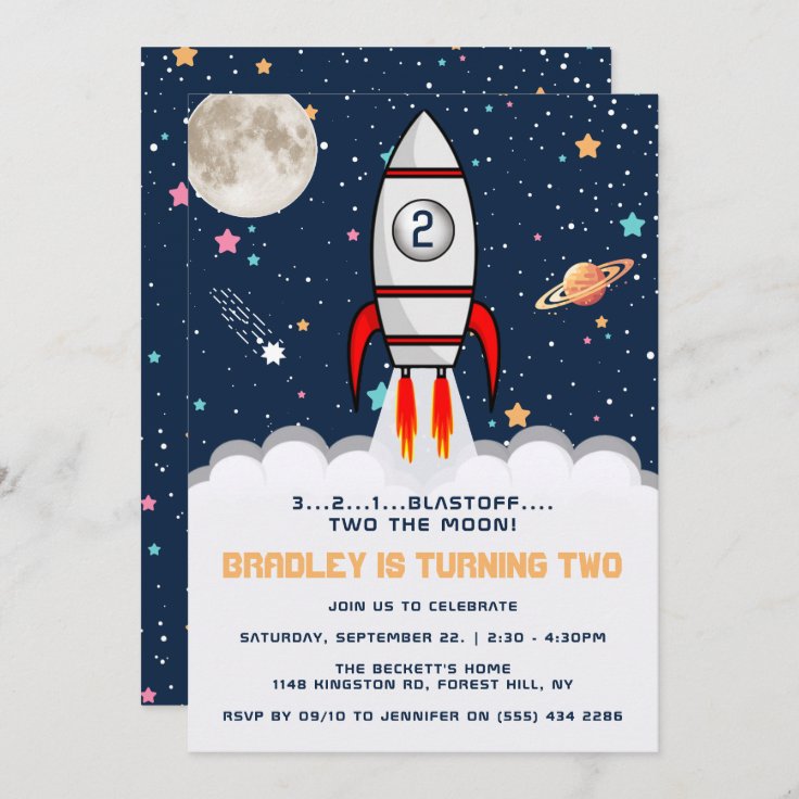 Two the Moon Rocket Ship 2nd Birthday Invitation | Zazzle