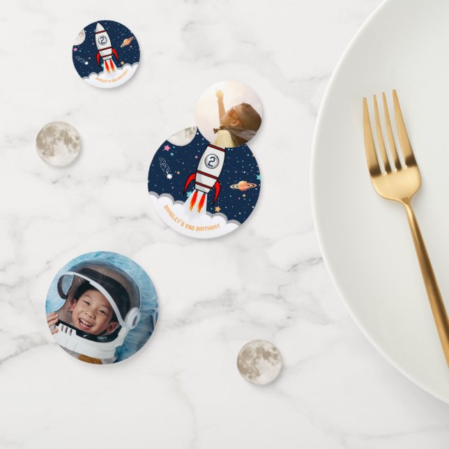 Two the Moon Rocket Ship 2nd Birthday Party Photo Confetti (Group)