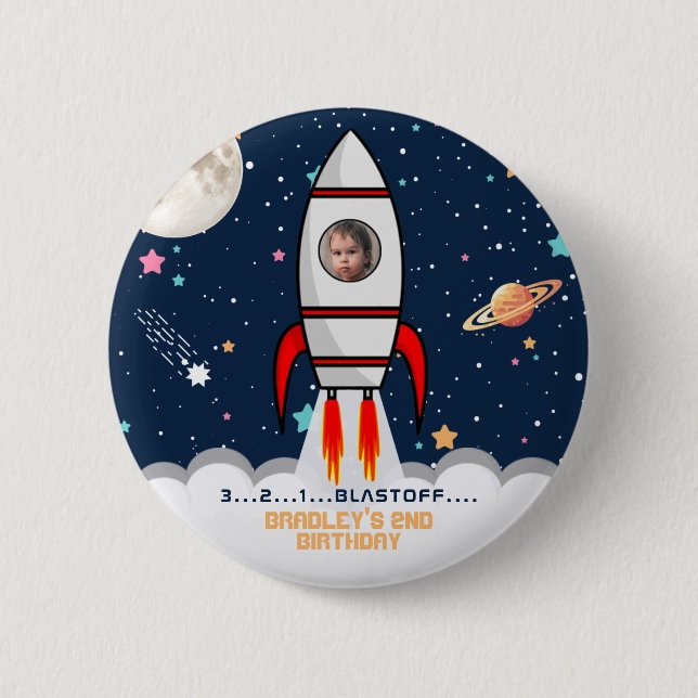 Two the Moon Rocket Ship 2nd Birthday Photo Button (Front)