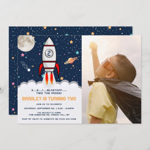 Two the Moon Rocket Ship 2nd Birthday Photo Invitation