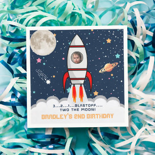 Two the Moon Rocket Ship 2nd Birthday Photo Napkins