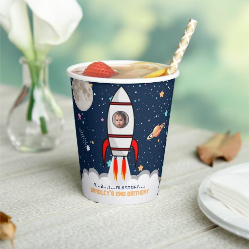 Two the Moon Rocket Ship 2nd Birthday Photo Paper Cups